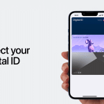 A hand holds a smartphone displaying an Apple Wallet digital passport, a digital driver's license, and a payment card. Text on the left reads, "Select your Digital ID.