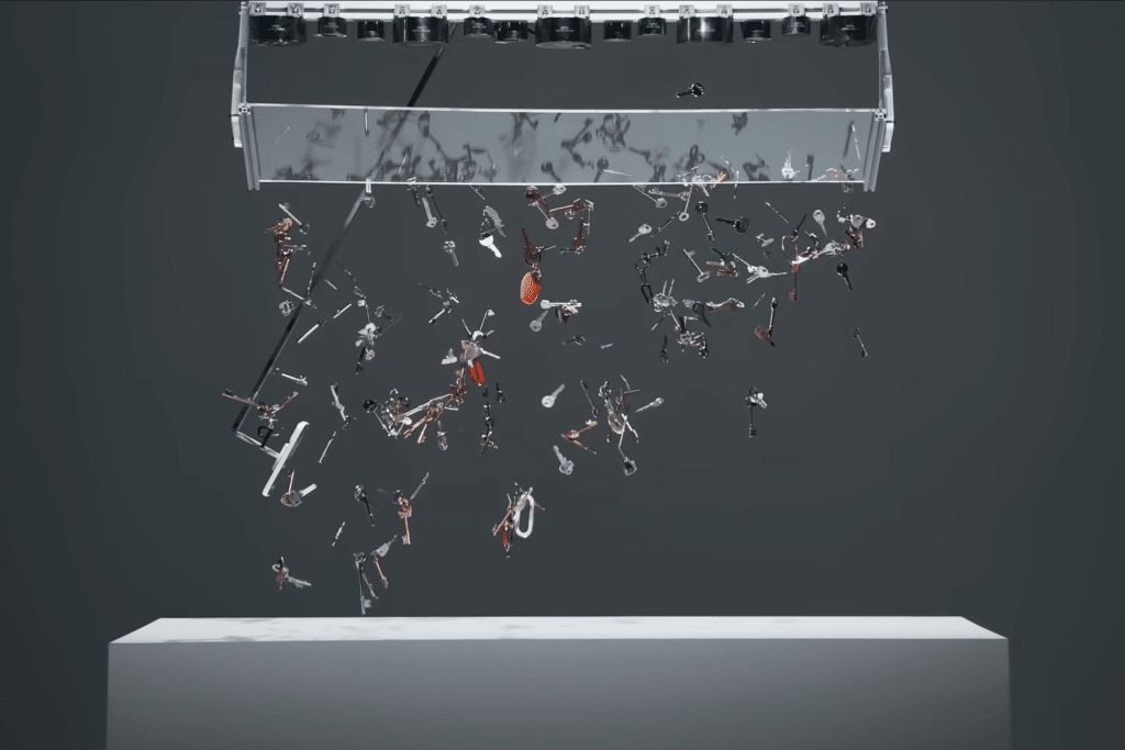 Various musical instruments, including guitars, drums, and trumpets, appear suspended mid-air beneath a glass platform against a dark background, resembling an apple durability testing setup for musical equipment.