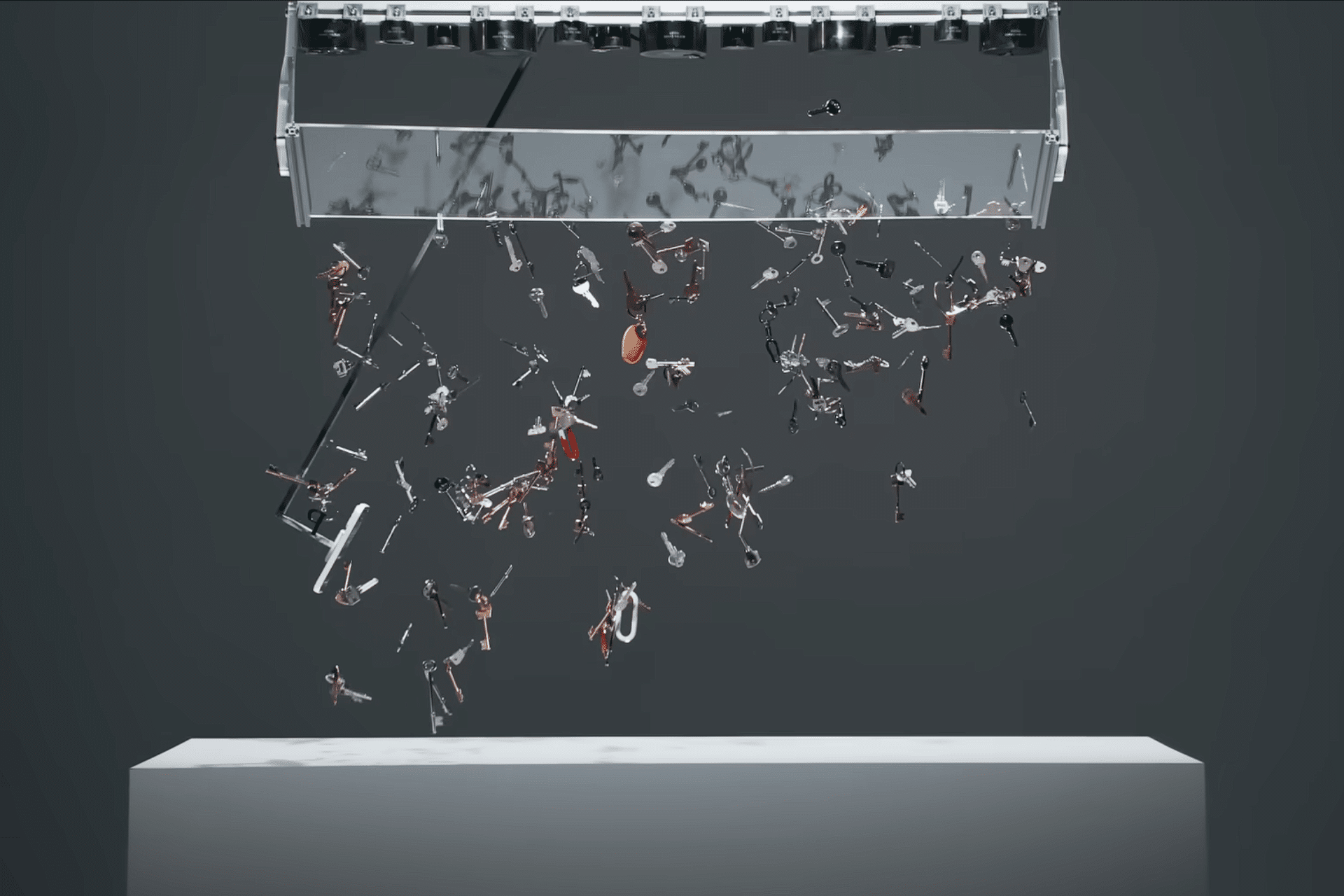 Various musical instruments, including guitars, drums, and trumpets, appear suspended mid-air beneath a glass platform against a dark background, resembling an apple durability testing setup for musical equipment.