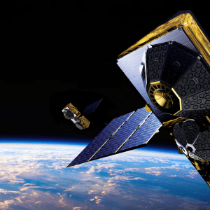 Two satellites with solar panels orbit above Earth's atmosphere, with the planet's curved surface and clouds visible below and the darkness of space in the background, highlighting a futuristic vision akin to the Apple satellite strategy.