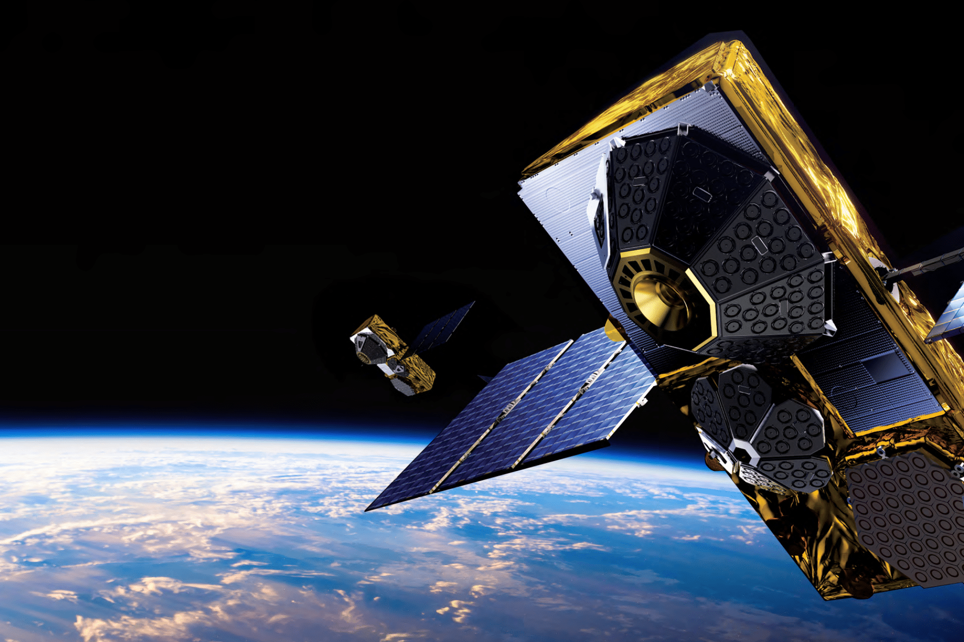 Two satellites with solar panels orbit above Earth's atmosphere, with the planet's curved surface and clouds visible below and the darkness of space in the background, highlighting a futuristic vision akin to the Apple satellite strategy.