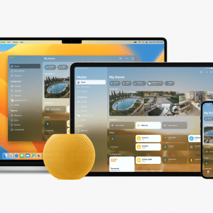 A MacBook, iPad, iPhone, and Apple Watch display an Apple smart home app interface; a yellow HomePod mini sits in front of the devices. All run on iOS 26.2 against a plain white background.