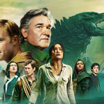 A dramatic scene with seven serious-looking people standing before a large Godzilla creature, the Golden Gate Bridge, and a green, smoky sky in the background—setting the stage for Monarch Legacy of Monsters Season 2.