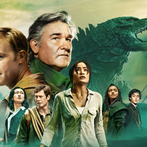 A dramatic scene with seven serious-looking people standing before a large Godzilla creature, the Golden Gate Bridge, and a green, smoky sky in the background—setting the stage for Monarch Legacy of Monsters Season 2.