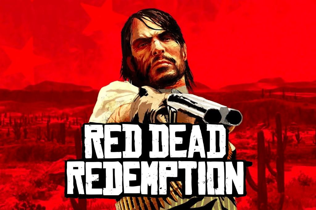 A rugged man with a beard points a shotgun forward against a red background with faint stars and a desert landscape. Bold white text in front reads "Red Dead Redemption Switch 2.