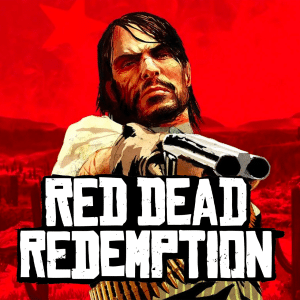 A rugged man with a beard points a shotgun forward against a red background with faint stars and a desert landscape. Bold white text in front reads "Red Dead Redemption Switch 2.