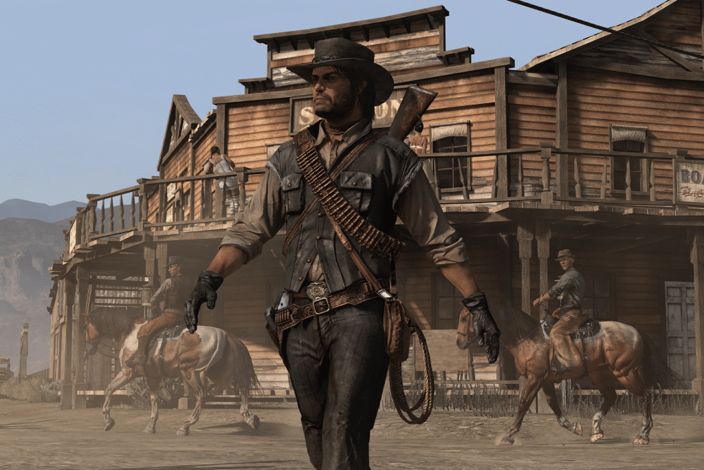 A rugged cowboy with a rifle and ammunition belt walks confidently through a dusty western town in true Red Dead Redemption iOS style, with wooden buildings and people on horseback in the background.