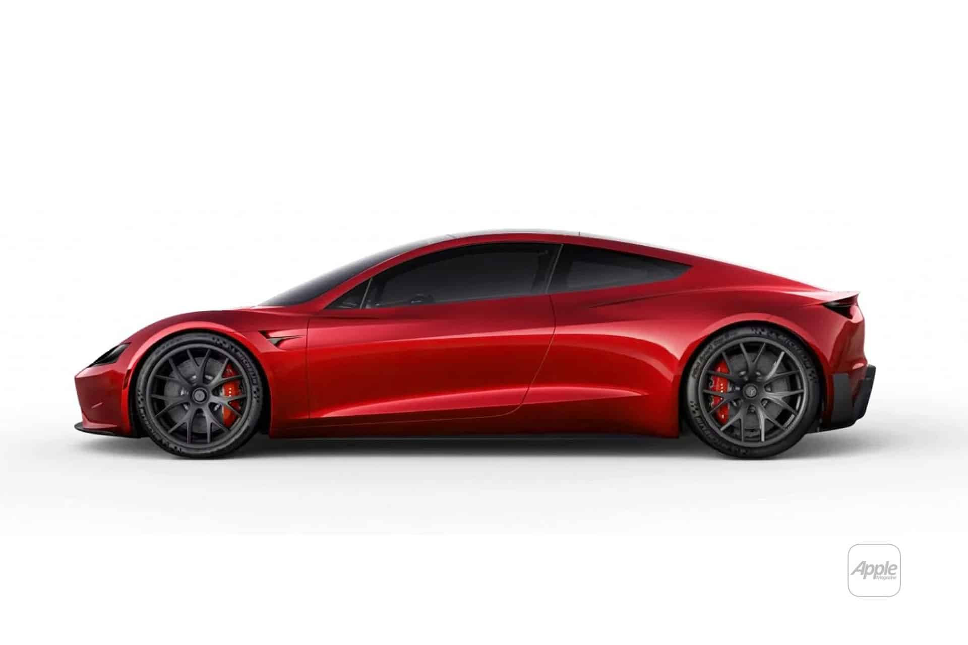 A sleek, red Tesla flying car with black wheels is shown in profile against a plain white background. The car features a low, aerodynamic design and tinted windows—an innovation even Elon Musk would admire.