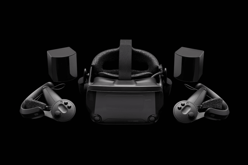 A Valve new VR headset with two hand controllers and two base stations is displayed on a black background. The devices are arranged symmetrically, showcasing all components of the advanced VR system.