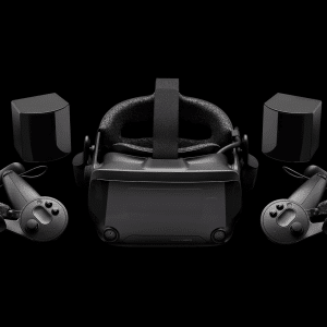 A Valve new VR headset with two hand controllers and two base stations is displayed on a black background. The devices are arranged symmetrically, showcasing all components of the advanced VR system.