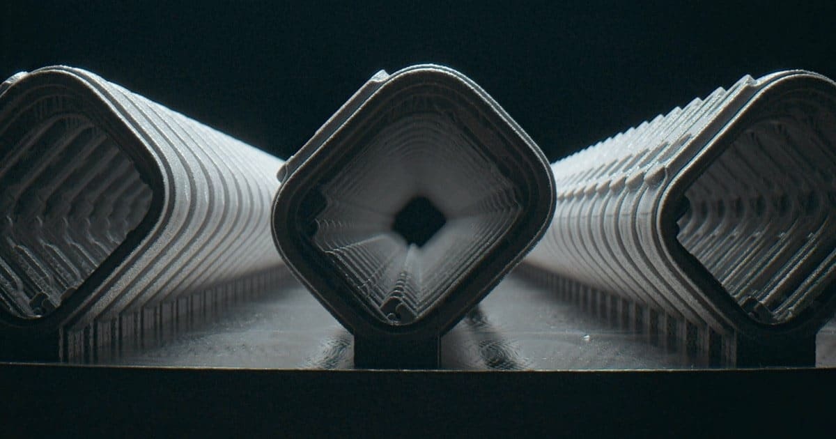 Close-up view of three geometric, hollow, diamond-shaped structures with layered edges, created using 3D printing and arranged side by side. They are illuminated from above, highlighting their textured surfaces.