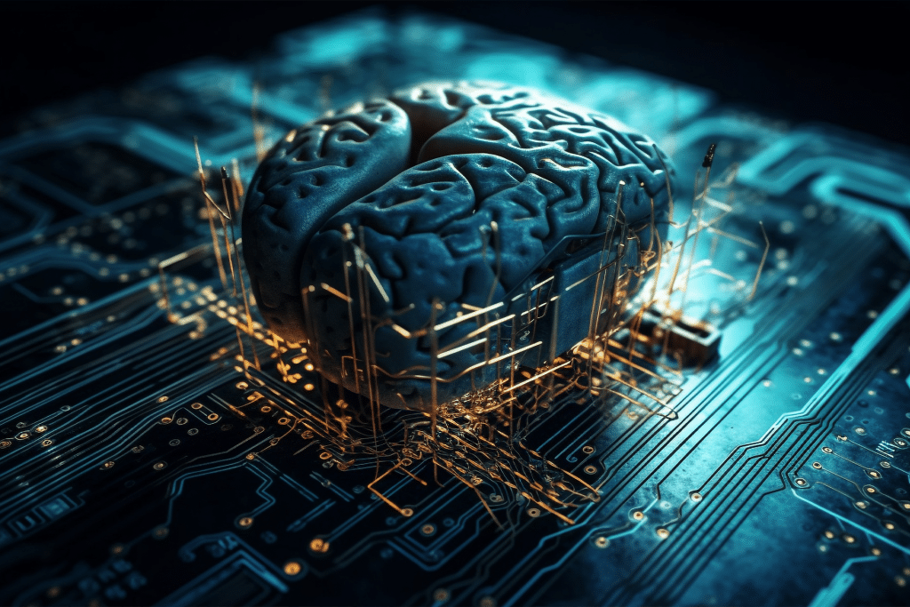 A digital rendering of a human brain placed on a computer microchip, with glowing circuits connecting the brain to the chip—symbolizing artificial intelligence, the Arm Meta AI partnership, and the fusion of technology with human cognition.