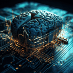 A digital rendering of a human brain placed on a computer microchip, with glowing circuits connecting the brain to the chip—symbolizing artificial intelligence, the Arm Meta AI partnership, and the fusion of technology with human cognition.