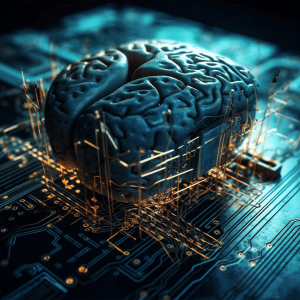 A digital rendering of a human brain placed on a computer microchip, with glowing circuits connecting the brain to the chip—symbolizing artificial intelligence, the Arm Meta AI partnership, and the fusion of technology with human cognition.