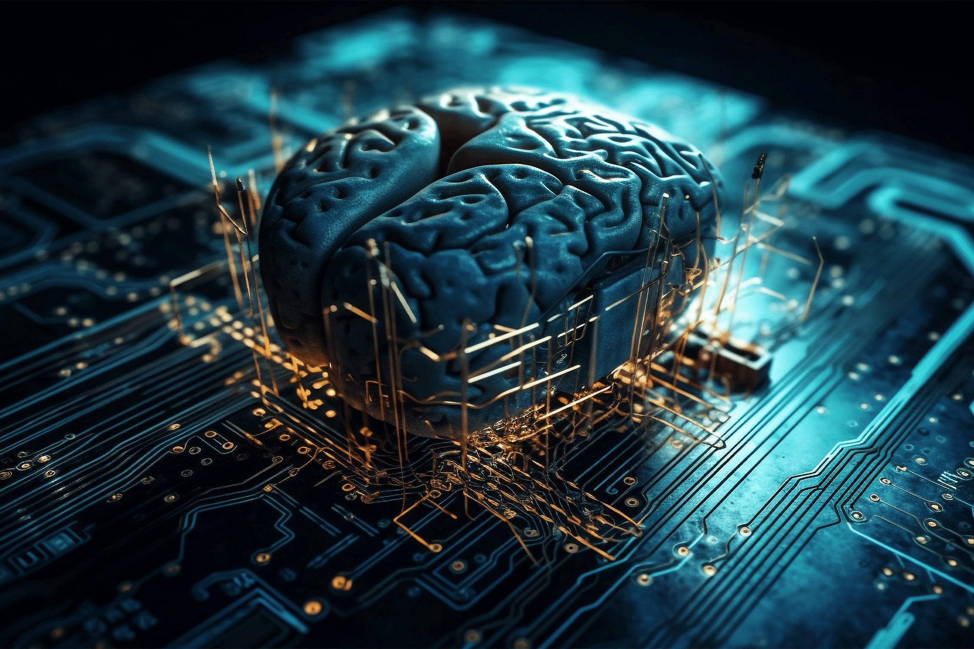 A digital rendering of a human brain placed on a computer microchip, with glowing circuits connecting the brain to the chip—symbolizing artificial intelligence, the Arm Meta AI partnership, and the fusion of technology with human cognition.