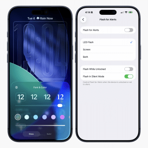 Two smartphones display settings screens; the left shows a customizable lock screen with iOS 26.2 Liquid Glass animations for clock and color options, while the right shows "Flash for Alerts" settings with toggles for LED flash, screen flash, and silent mode.