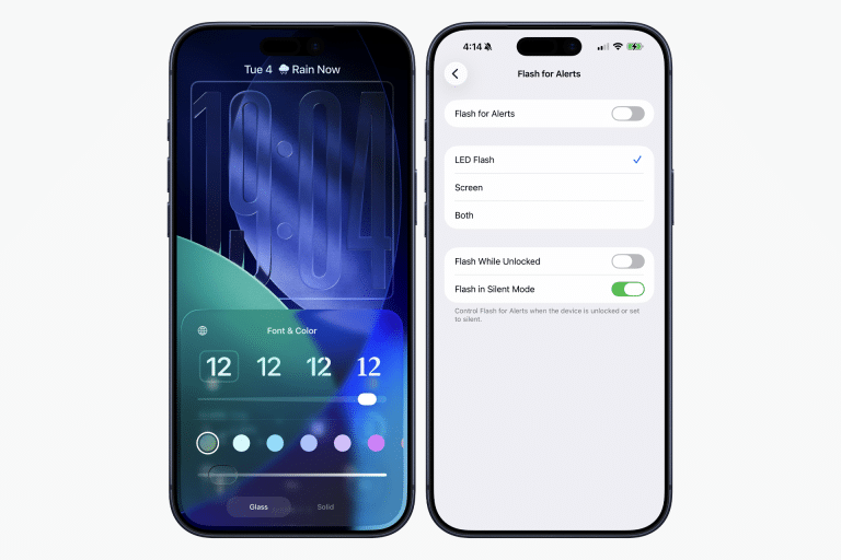 Two smartphones display settings screens; the left shows a customizable lock screen with iOS 26.2 Liquid Glass animations for clock and color options, while the right shows "Flash for Alerts" settings with toggles for LED flash, screen flash, and silent mode.