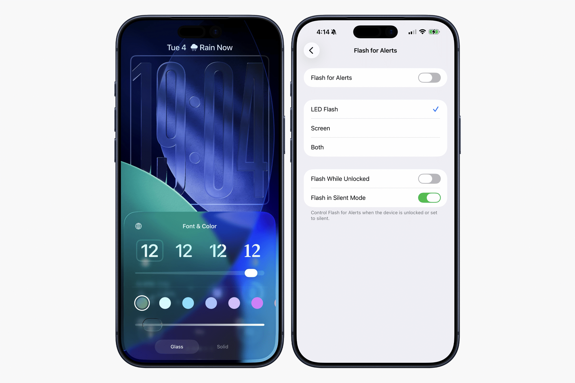 Two smartphones display settings screens; the left shows a customizable lock screen with iOS 26.2 Liquid Glass animations for clock and color options, while the right shows "Flash for Alerts" settings with toggles for LED flash, screen flash, and silent mode.
