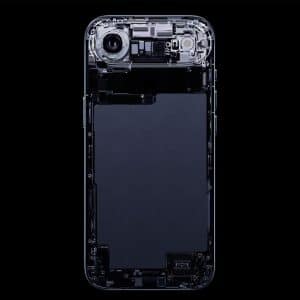 A smartphone with a transparent back, revealing internal components like the battery, camera, and circuitry—crafted with Apple 3D printing—displayed on a black background with a small Apple logo in the lower right corner.