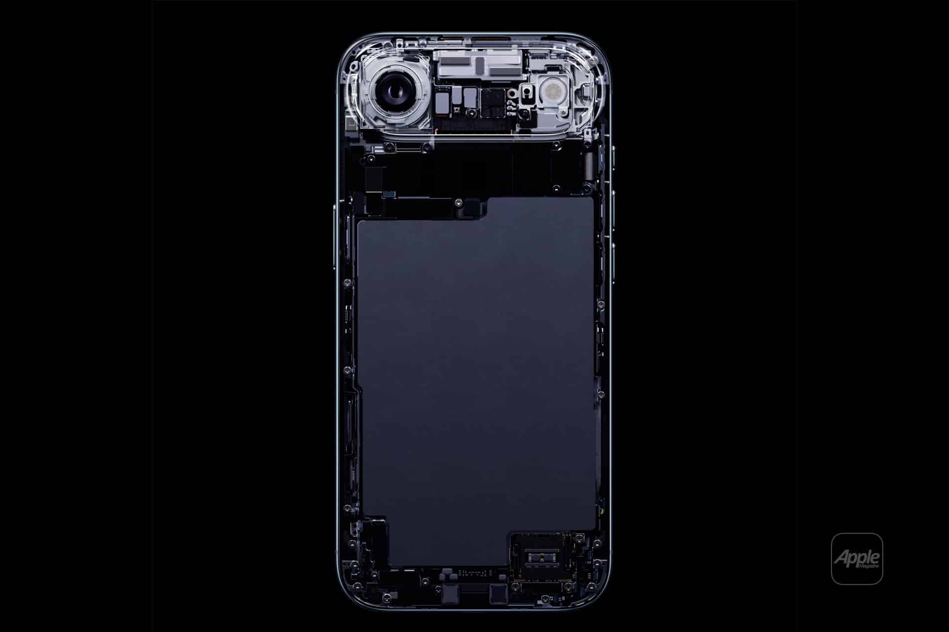A smartphone with a transparent back, revealing internal components like the battery, camera, and circuitry—crafted with Apple 3D printing—displayed on a black background with a small Apple logo in the lower right corner.