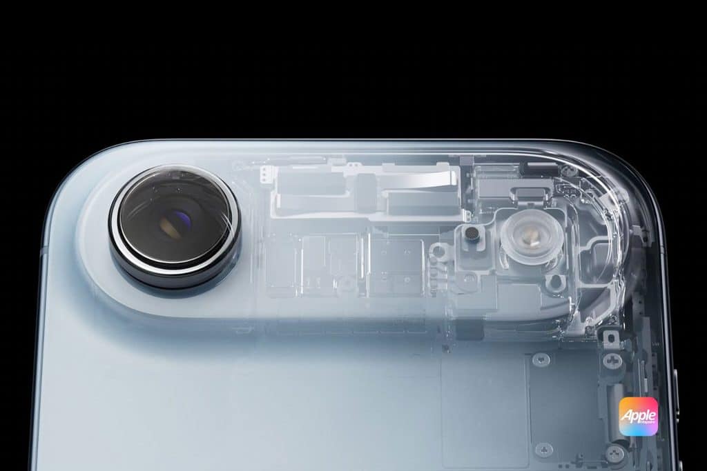 A close-up of a smartphone’s back, featuring a large camera lens and a semi-transparent overlay revealing internal components—highlighting Apple 3D printing innovation. The Apple logo is visible in the lower right corner.