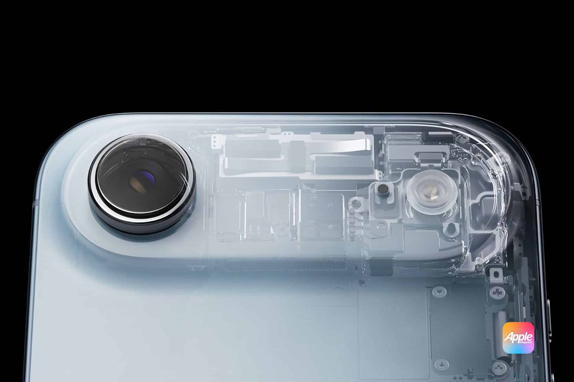 A close-up of a smartphone’s back, featuring a large camera lens and a semi-transparent overlay revealing internal components—highlighting Apple 3D printing innovation. The Apple logo is visible in the lower right corner.