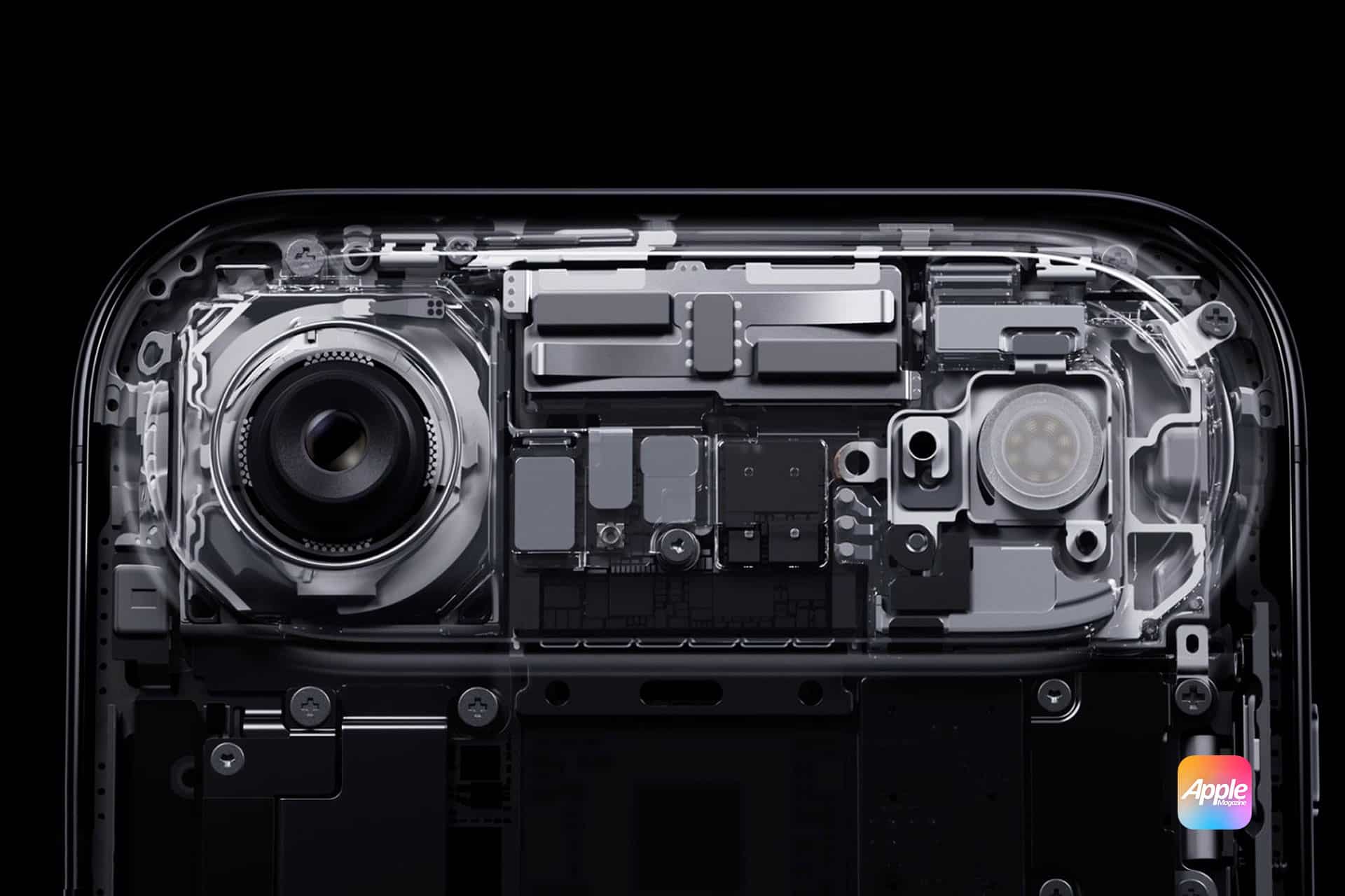 A close-up, cross-section view of a smartphone’s internal components—highlighting a large camera lens, circuitry, and chips—showcases the Apple logo in the bottom right corner and hints at advanced Apple 3D printing technology.