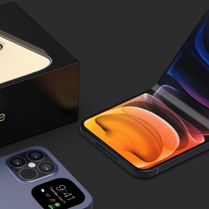 A folded iPhone with a vibrant screen is displayed next to an iPhone box and another iPhone lying flat on a dark surface, highlighting the innovative design of potential iPhone Fold prototypes. The scene suggests a concept for a foldable iPhone model.