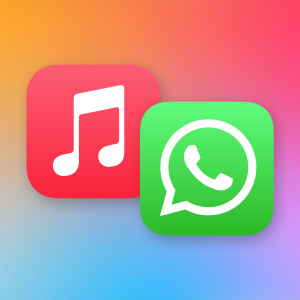 Two app icons—Apple Music’s red square with a white musical note and WhatsApp’s green square with a speech bubble and phone—sit on a colorful gradient background with a faint Apple logo, evoking an Apple Music WhatsApp Status vibe.