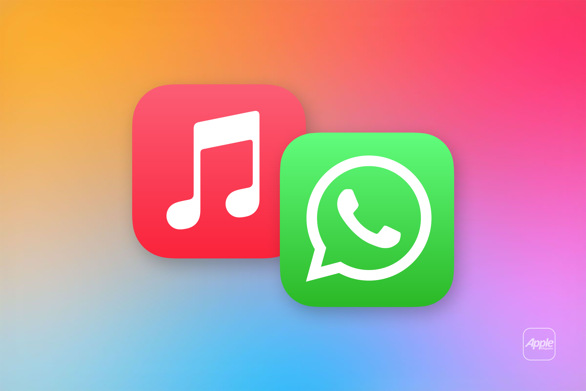 Two app icons—Apple Music’s red square with a white musical note and WhatsApp’s green square with a speech bubble and phone—sit on a colorful gradient background with a faint Apple logo, evoking an Apple Music WhatsApp Status vibe.