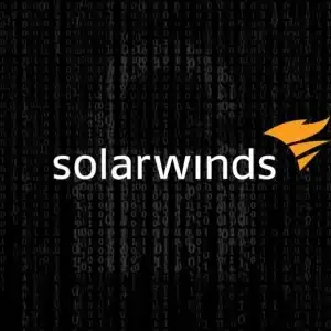 The SolarWinds logo with a yellow-orange icon appears centered over a black background filled with faint binary code in white digits, alluding to recent headlines like the SEC lawsuit and ongoing litigation surrounding the SolarWinds hack.