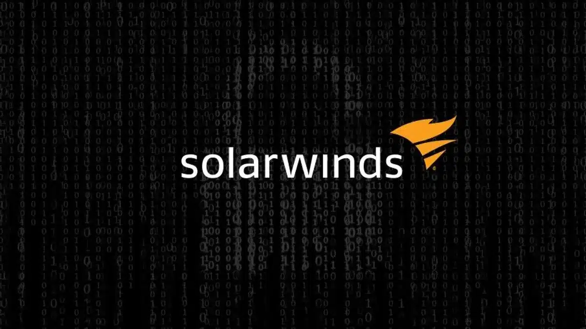 The SolarWinds logo with a yellow-orange icon appears centered over a black background filled with faint binary code in white digits, alluding to recent headlines like the SEC lawsuit and ongoing litigation surrounding the SolarWinds hack.