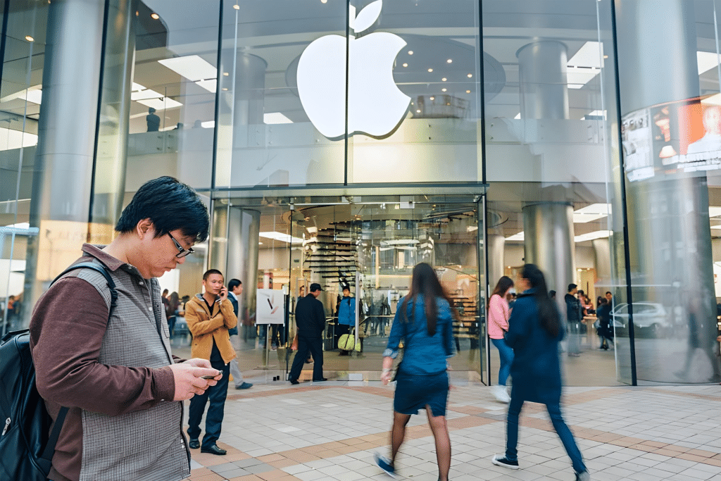 People walk in front of a large Apple Store with a prominent Apple logo. A man in the foreground looks at his phone, possibly exploring third-party app stores on iOS 26.2. The store’s glass facade reveals more people and displays inside.