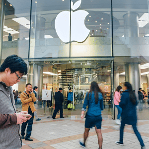 People walk in front of a large Apple Store with a prominent Apple logo. A man in the foreground looks at his phone, possibly exploring third-party app stores on iOS 26.2. The store’s glass facade reveals more people and displays inside.