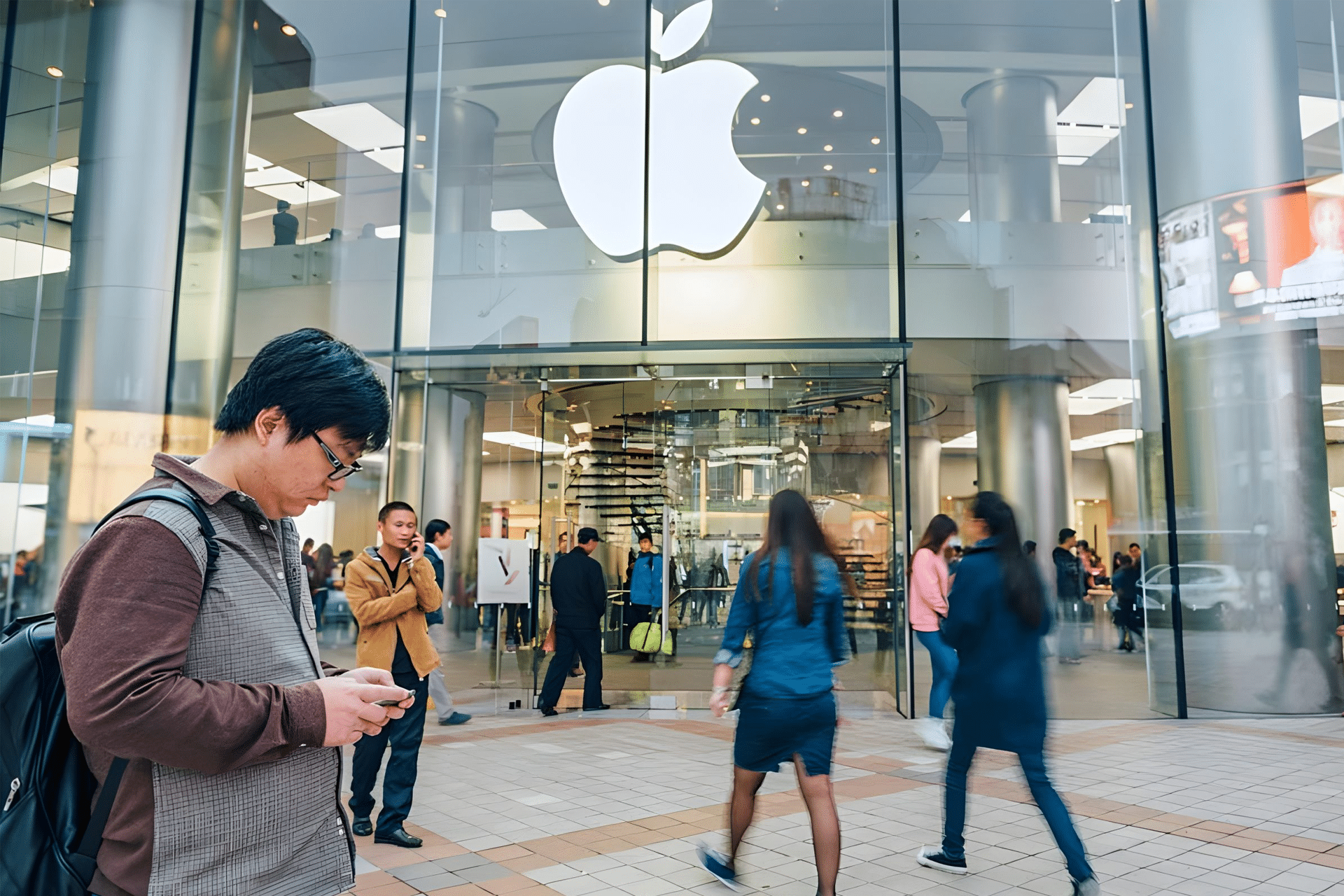 People walk in front of a large Apple Store with a prominent Apple logo. A man in the foreground looks at his phone, possibly exploring third-party app stores on iOS 26.2. The store’s glass facade reveals more people and displays inside.
