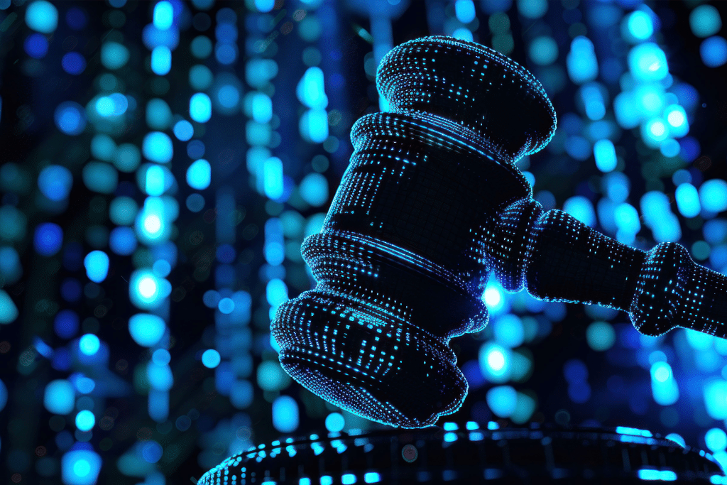 A digital gavel composed of glowing blue dots and lines appears against abstract blue lights, symbolizing the intersection of technology and law, echoing recent state attorneys general AI warnings on emerging legal challenges.