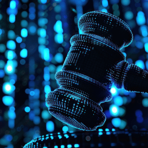 A digital gavel composed of glowing blue dots and lines appears against abstract blue lights, symbolizing the intersection of technology and law, echoing recent state attorneys general AI warnings on emerging legal challenges.
