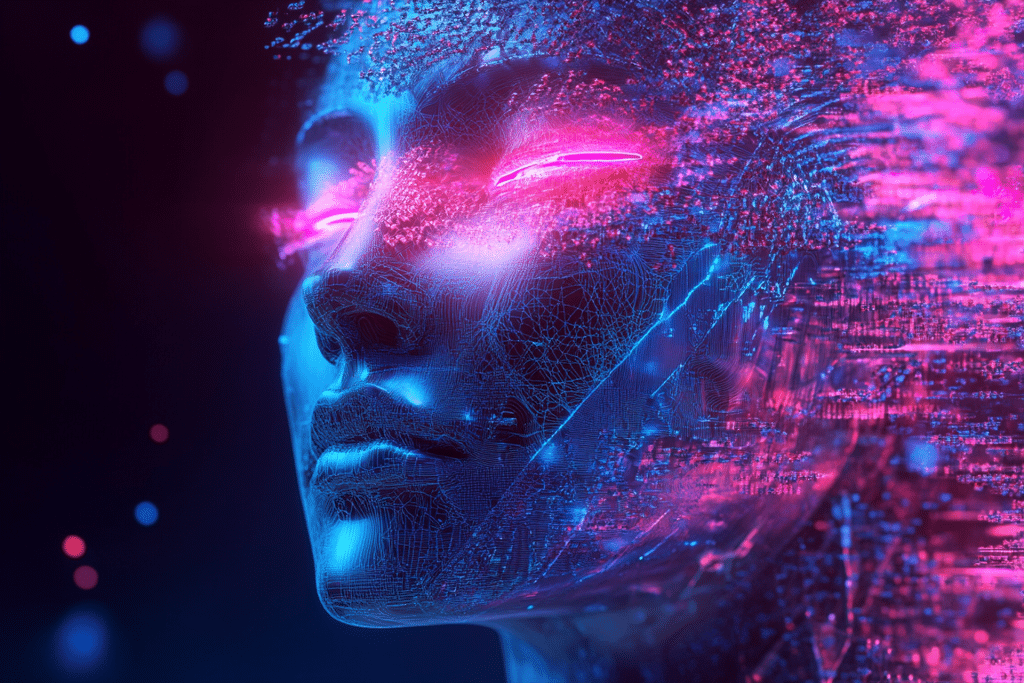 A digital, futuristic face with closed eyes glows with neon pink and blue lights; pixelated patterns and abstract data evoke artificial intelligence, advanced technology, and the vision of data centers in orbit. - Apple AI