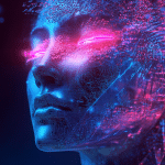 A digital, futuristic face with closed eyes glows with neon pink and blue lights; pixelated patterns and abstract data evoke artificial intelligence, advanced technology, and the vision of data centers in orbit. - Apple AI