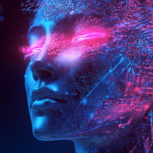 A digital, futuristic face with closed eyes glows with neon pink and blue lights; pixelated patterns and abstract data evoke artificial intelligence, advanced technology, and the vision of data centers in orbit. - Apple AI