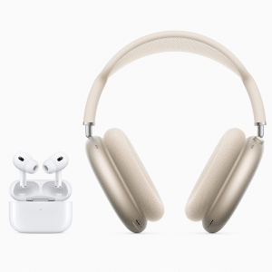 A pair of over-ear beige wireless headphones and a pair of white wireless earbuds with a charging case, styled to highlight the difference between AirPods Pro 2 vs Pro 3, both set against a clean white background.