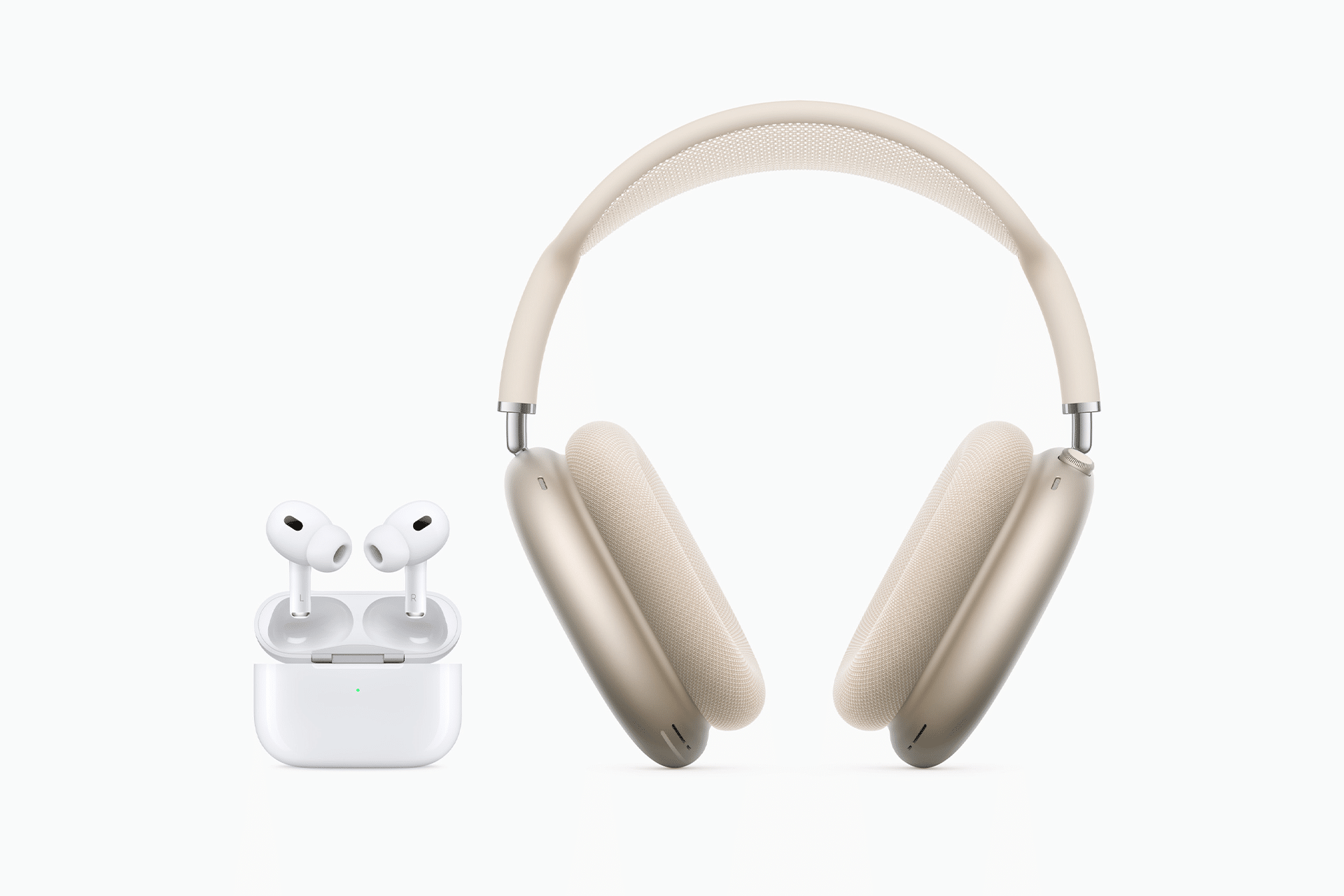 A pair of over-ear beige wireless headphones and a pair of white wireless earbuds with a charging case, styled to highlight the difference between AirPods Pro 2 vs Pro 3, both set against a clean white background.