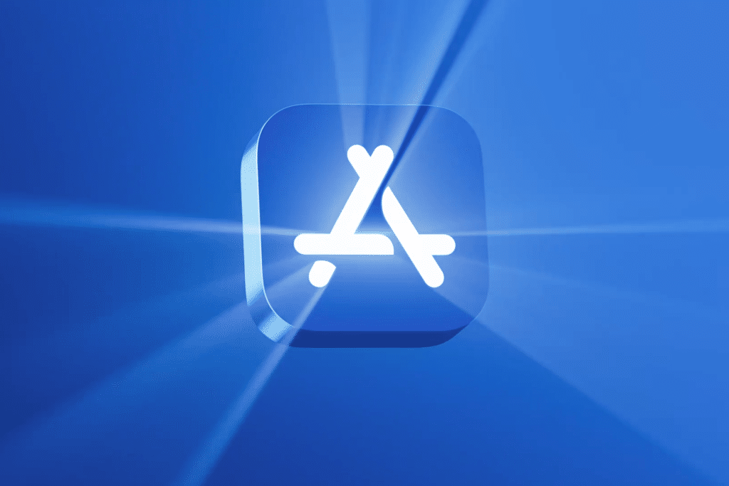 A blue square icon with the Apple App Store logo, featuring three stylized white lines forming an "A", set against a radiant blue background with light beams—perfect for celebrating the Apple App Store Awards 2025.