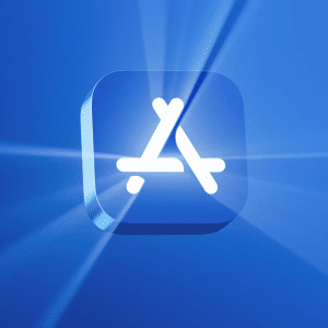 A blue square icon with the Apple App Store logo, featuring three stylized white lines forming an "A", set against a radiant blue background with light beams—perfect for celebrating the Apple App Store Awards 2025.