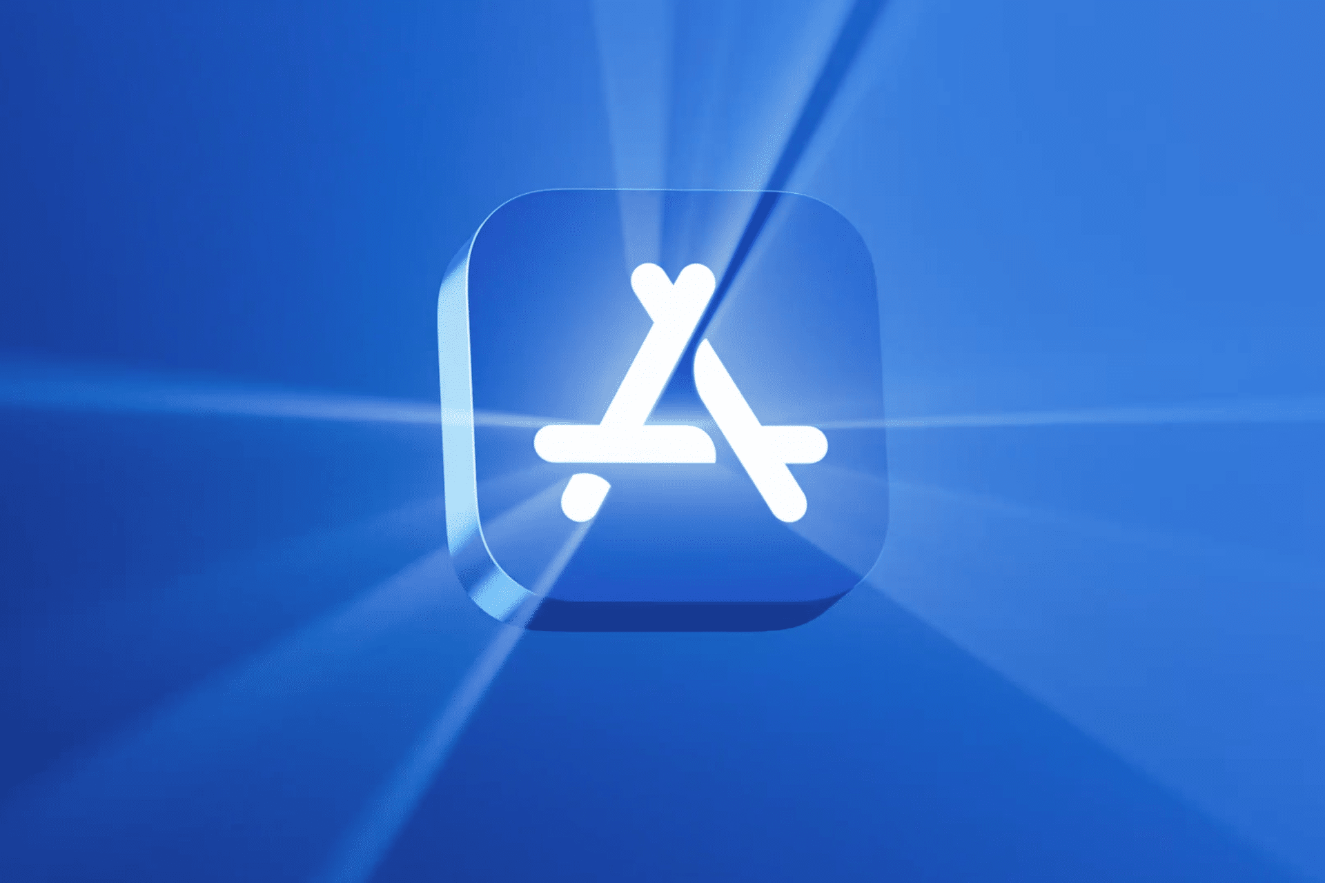 A blue square icon with the Apple App Store logo, featuring three stylized white lines forming an "A", set against a radiant blue background with light beams—perfect for celebrating the Apple App Store Awards 2025.