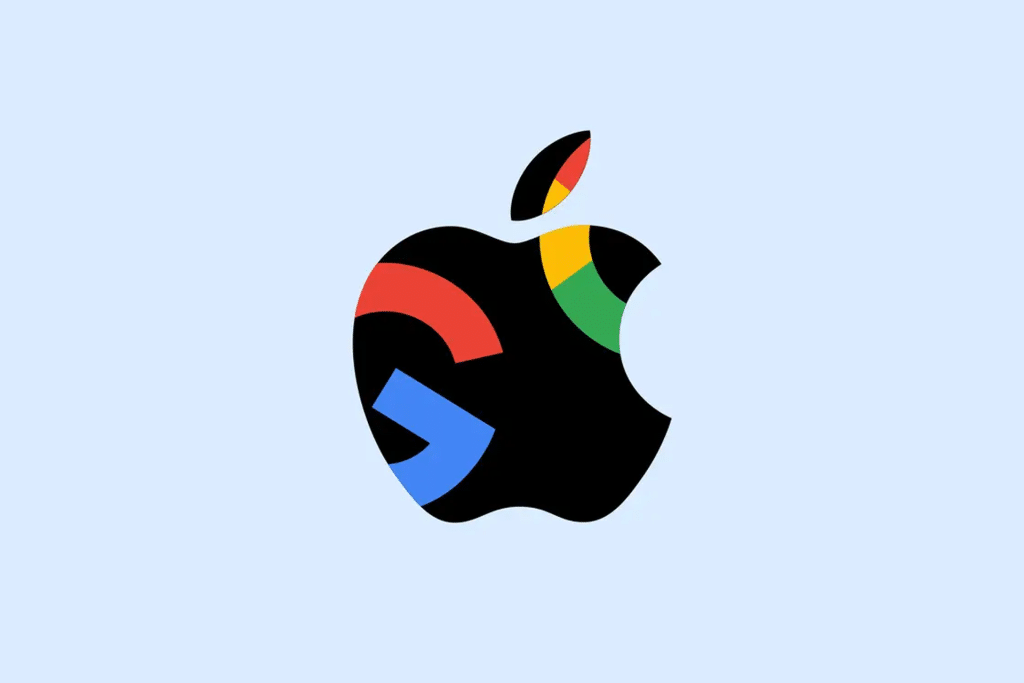 A black Apple logo filled with Google’s red, blue, green, and yellow colors and shapes, set against a light blue background—perfect for showcasing Apple TV or Google Cast compatibility.