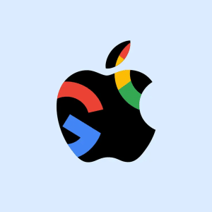 A black Apple logo filled with Google’s red, blue, green, and yellow colors and shapes, set against a light blue background—perfect for showcasing Apple TV or Google Cast compatibility.