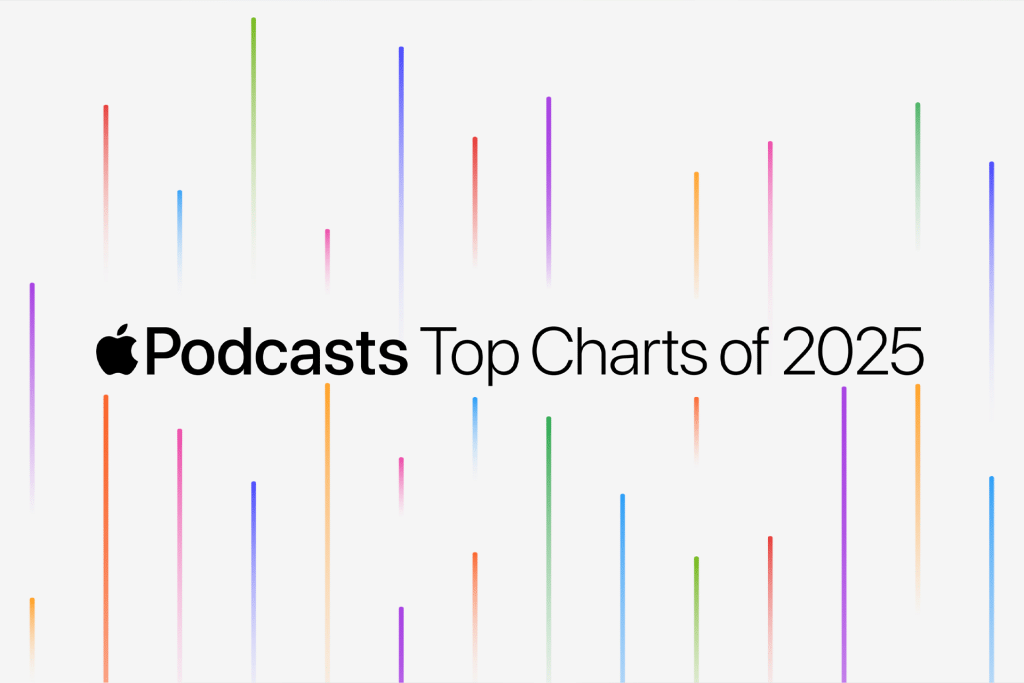 Apple Podcasts best shows 2025 text with colorful vertical lines on a light background, showcasing the Top Charts of the year.