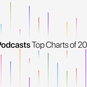 Apple Podcasts best shows 2025 text with colorful vertical lines on a light background, showcasing the Top Charts of the year.