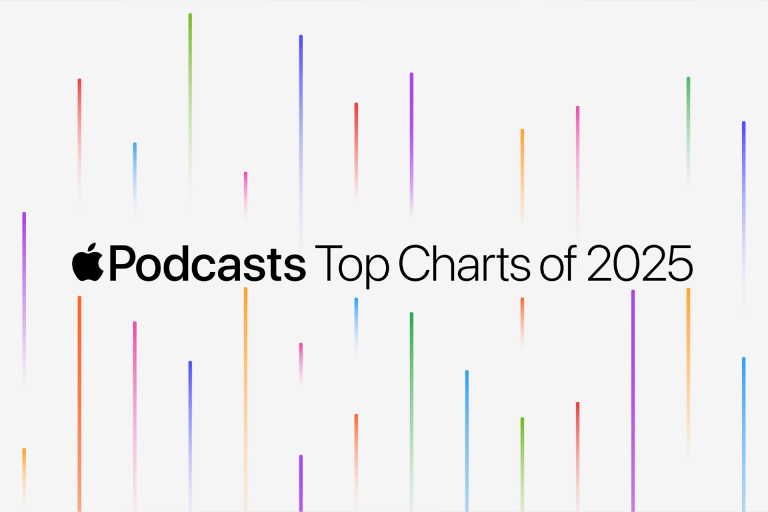 Apple Podcasts best shows 2025 text with colorful vertical lines on a light background, showcasing the Top Charts of the year.